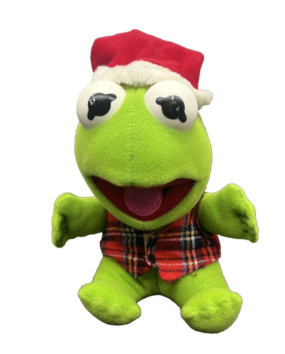 Vintage 1987 Muppet Babies Kermit Frog Christmas Plush Santa Hat Plaid Vest 80s